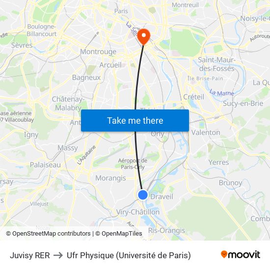 Juvisy RER to Ufr Physique (Université de Paris) map