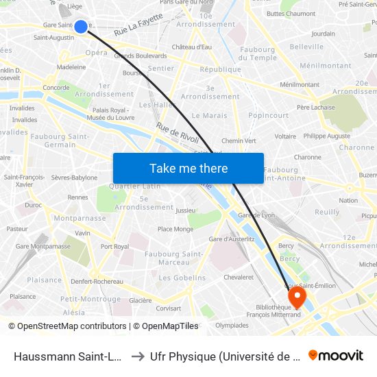 Haussmann Saint-Lazare to Ufr Physique (Université de Paris) map
