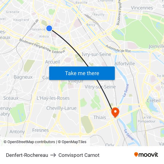 Denfert-Rochereau to Convisport Carnot map