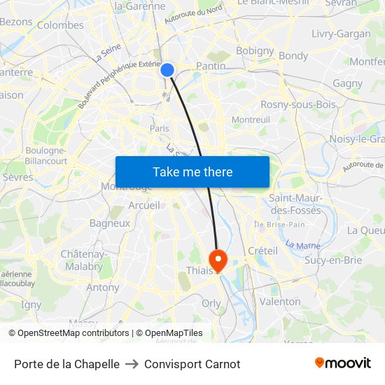 Porte de la Chapelle to Convisport Carnot map