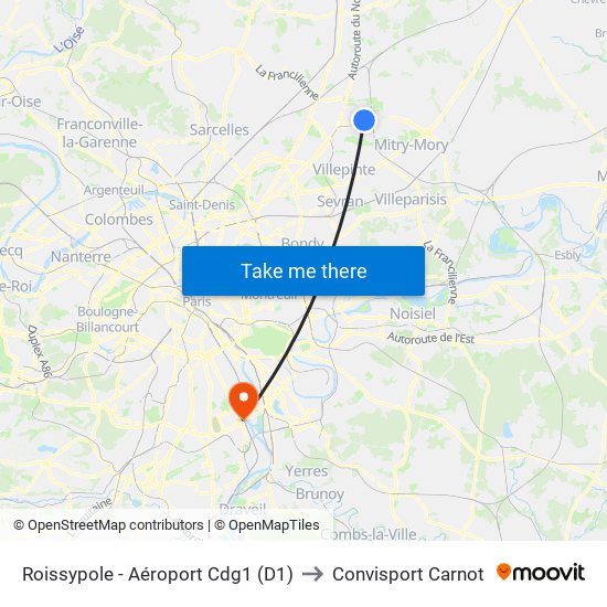 Roissypole - Aéroport Cdg1 (D1) to Convisport Carnot map