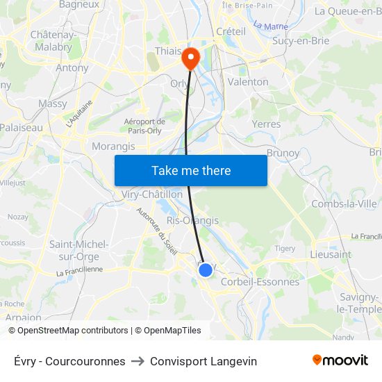 Évry - Courcouronnes to Convisport Langevin map