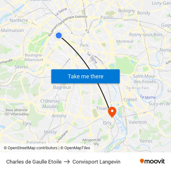 Charles de Gaulle Etoile to Convisport Langevin map