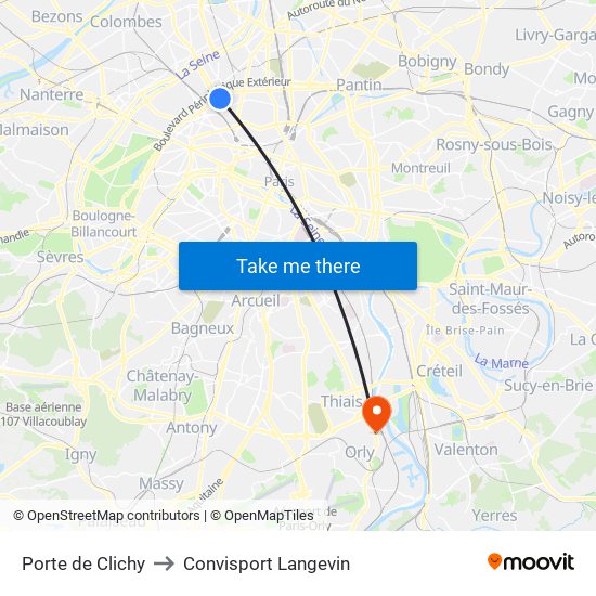 Porte de Clichy to Convisport Langevin map