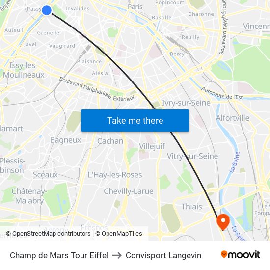 Champ de Mars Tour Eiffel to Convisport Langevin map