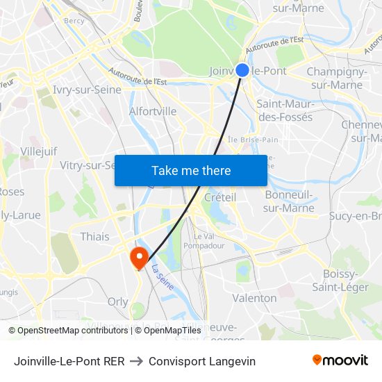 Joinville-Le-Pont RER to Convisport Langevin map