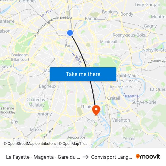 La Fayette - Magenta - Gare du Nord to Convisport Langevin map