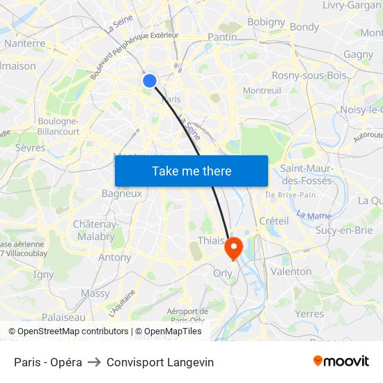 Paris - Opéra to Convisport Langevin map