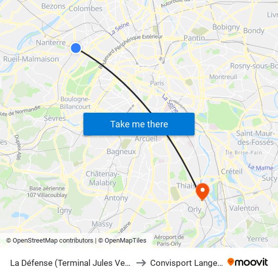 La Défense (Terminal Jules Verne) to Convisport Langevin map