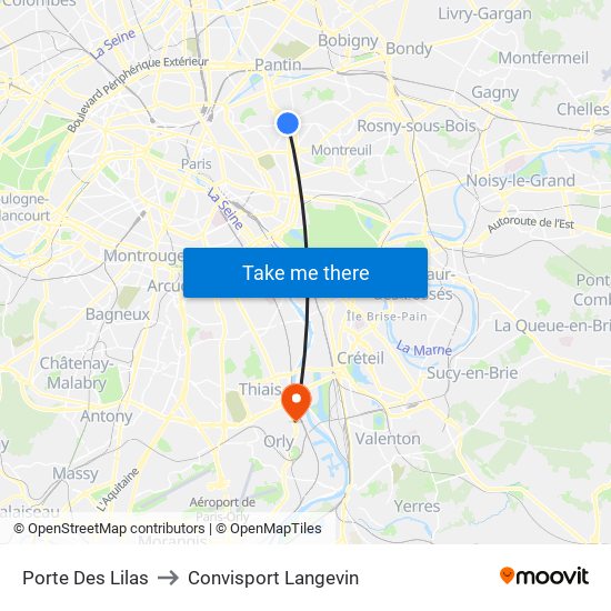 Porte Des Lilas to Convisport Langevin map