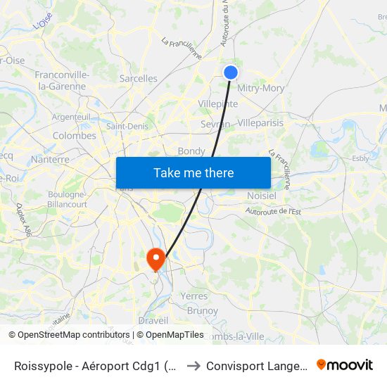 Roissypole - Aéroport Cdg1 (D1) to Convisport Langevin map