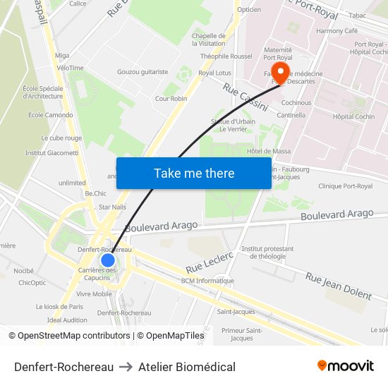Denfert-Rochereau to Atelier Biomédical map