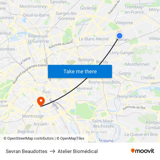 Sevran Beaudottes to Atelier Biomédical map