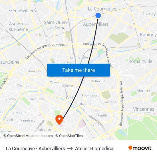 La Courneuve - Aubervilliers to Atelier Biomédical map