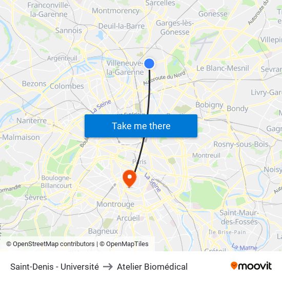 Saint-Denis - Université to Atelier Biomédical map