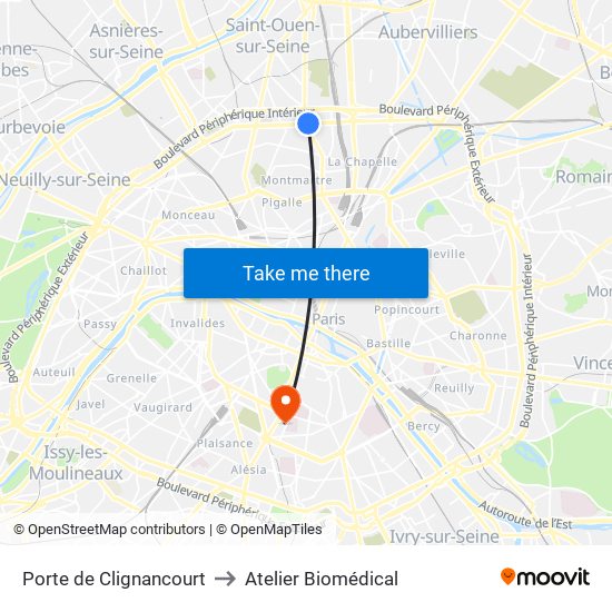 Porte de Clignancourt to Atelier Biomédical map