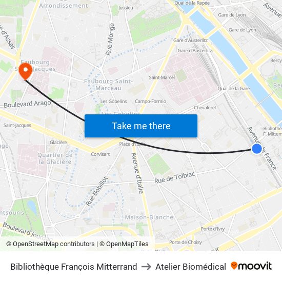 Bibliothèque François Mitterrand to Atelier Biomédical map