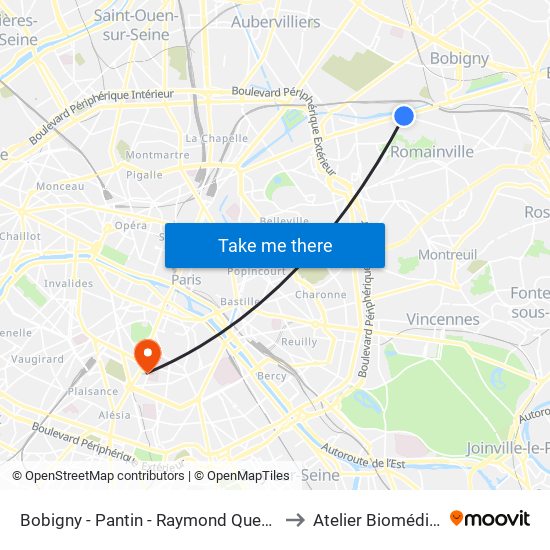 Bobigny - Pantin - Raymond Queneau to Atelier Biomédical map
