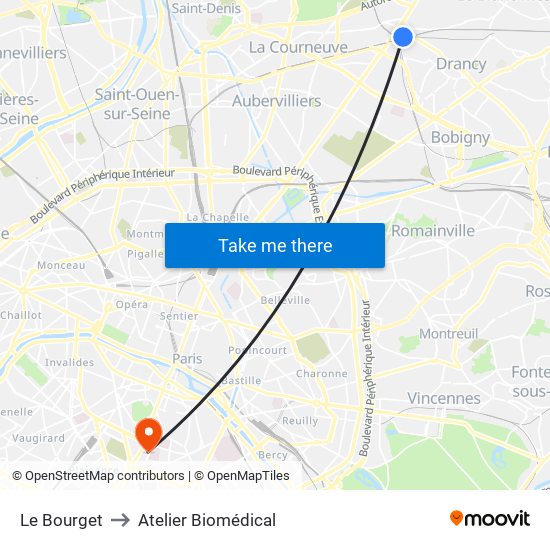 Le Bourget to Atelier Biomédical map