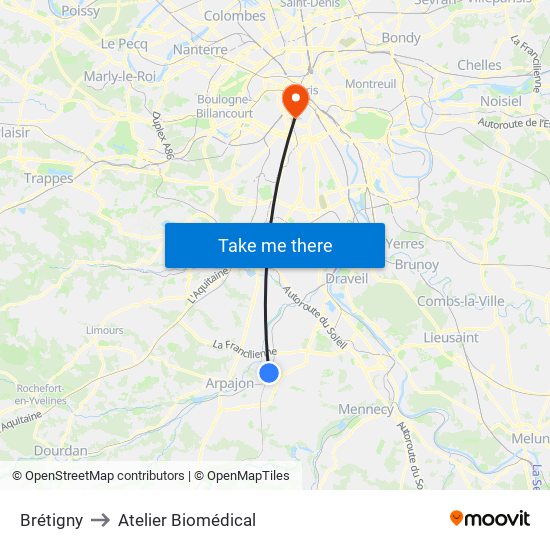 Brétigny to Atelier Biomédical map