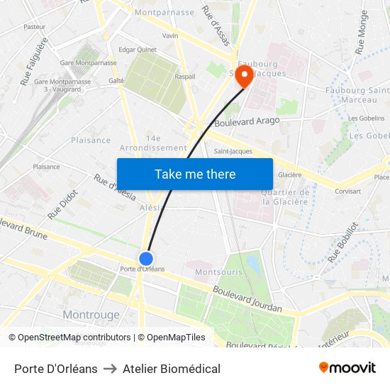 Porte D'Orléans to Atelier Biomédical map