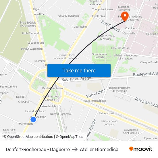 Denfert-Rochereau - Daguerre to Atelier Biomédical map