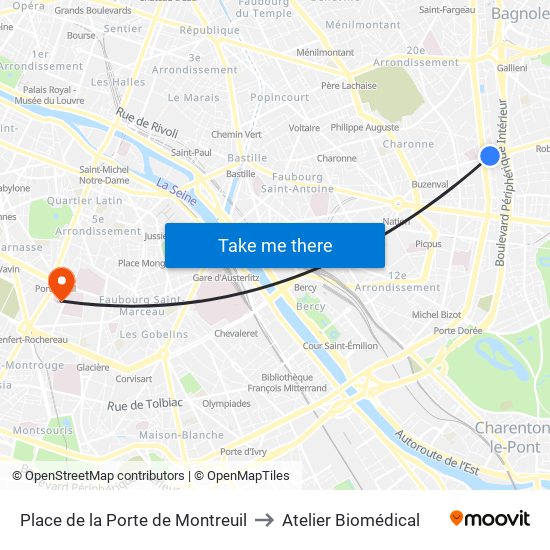 Place de la Porte de Montreuil to Atelier Biomédical map