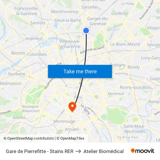 Gare de Pierrefitte - Stains RER to Atelier Biomédical map