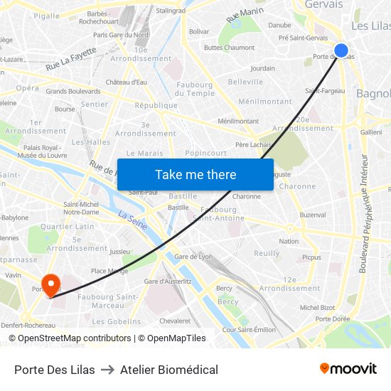 Porte Des Lilas to Atelier Biomédical map