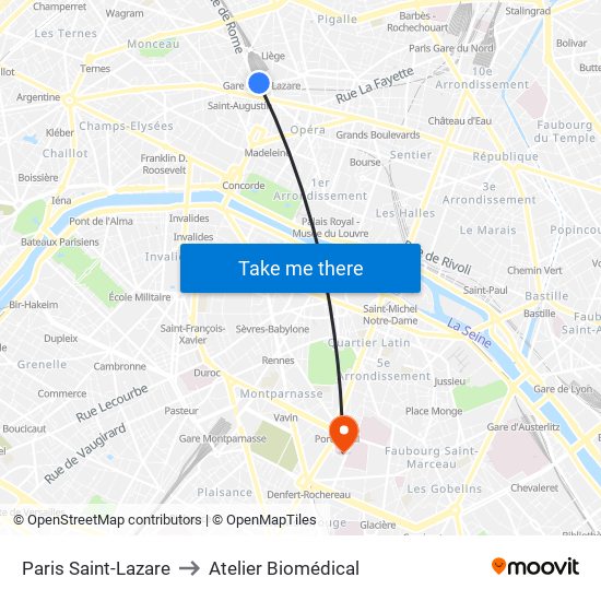 Paris Saint-Lazare to Atelier Biomédical map