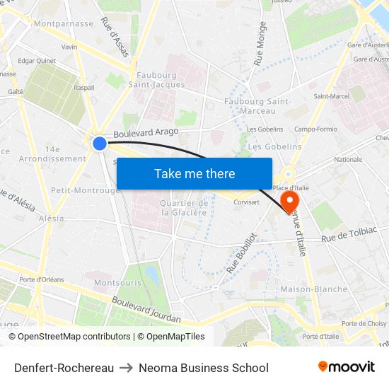 Denfert-Rochereau to Neoma Business School map