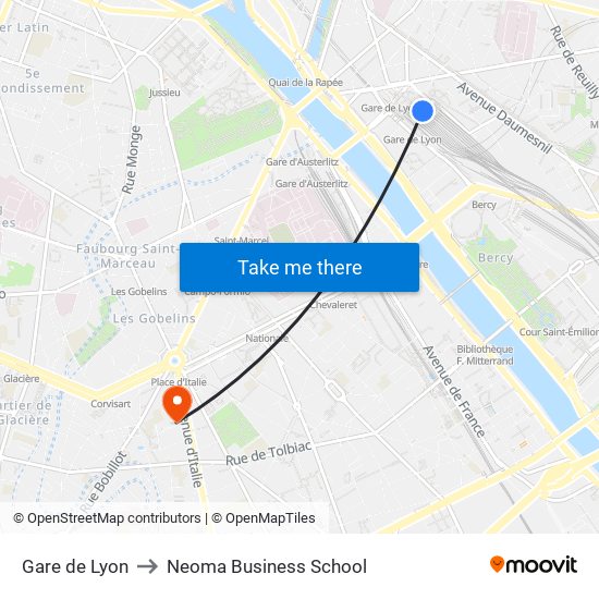 Gare de Lyon to Neoma Business School map