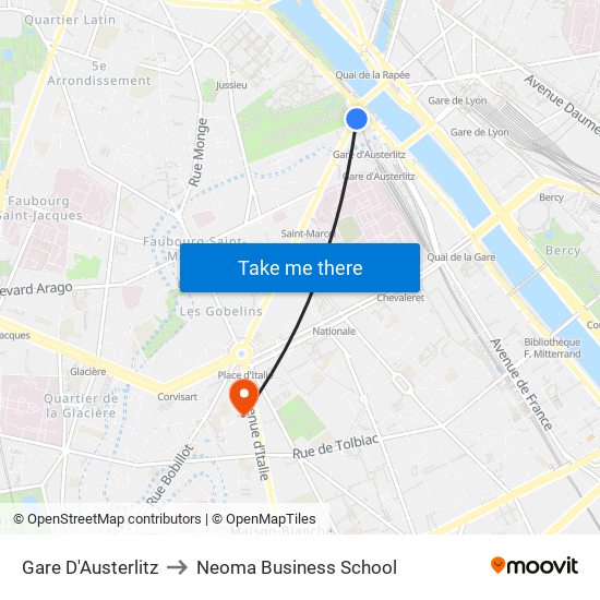 Gare D'Austerlitz to Neoma Business School map