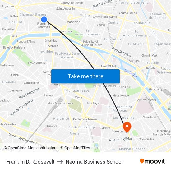 Franklin D. Roosevelt to Neoma Business School map
