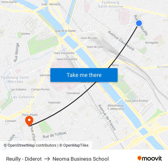 Reuilly - Diderot to Neoma Business School map