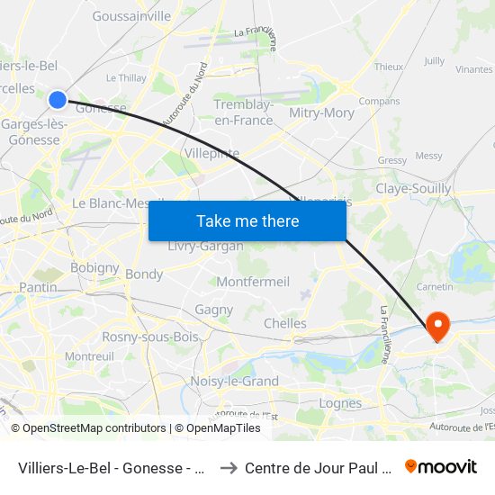 Villiers-Le-Bel - Gonesse - Arnouville to Centre de Jour Paul Sivadon map