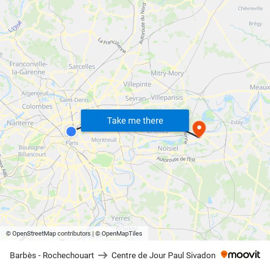 Barbès - Rochechouart to Centre de Jour Paul Sivadon map