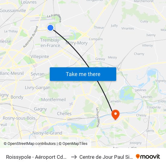 Roissypole - Aéroport Cdg1 (D3) to Centre de Jour Paul Sivadon map