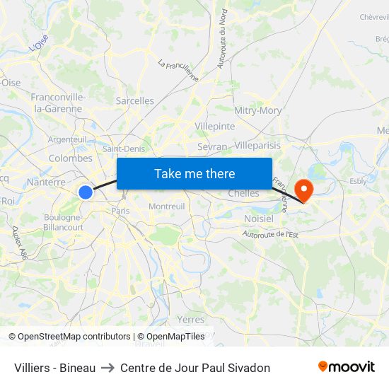 Villiers - Bineau to Centre de Jour Paul Sivadon map