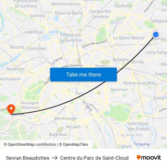 Sevran Beaudottes to Centre du Parc de Saint-Cloud map
