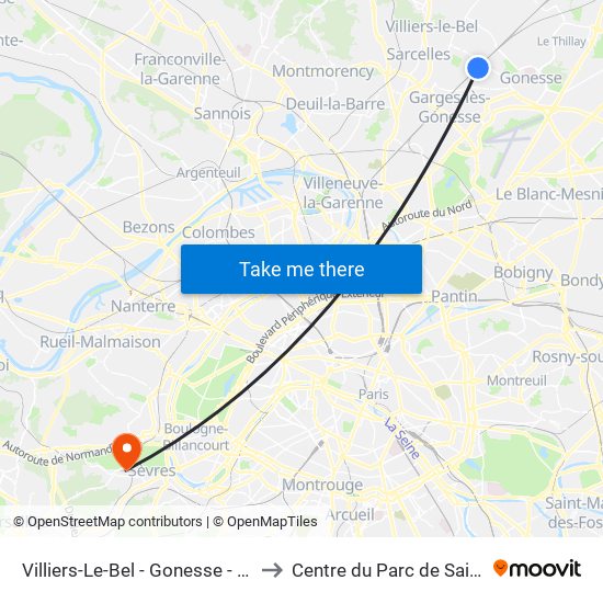 Villiers-Le-Bel - Gonesse - Arnouville to Centre du Parc de Saint-Cloud map