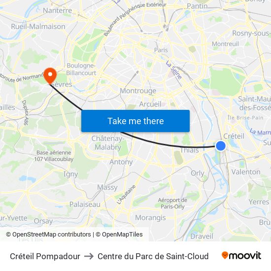 Créteil Pompadour to Centre du Parc de Saint-Cloud map
