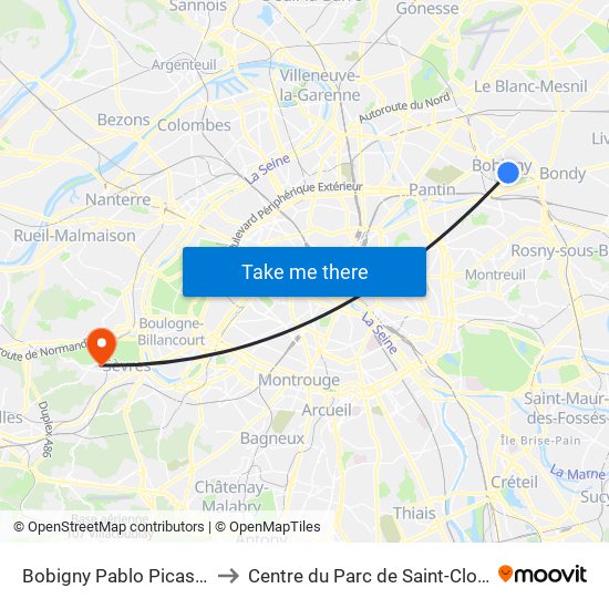 Bobigny Pablo Picasso to Centre du Parc de Saint-Cloud map