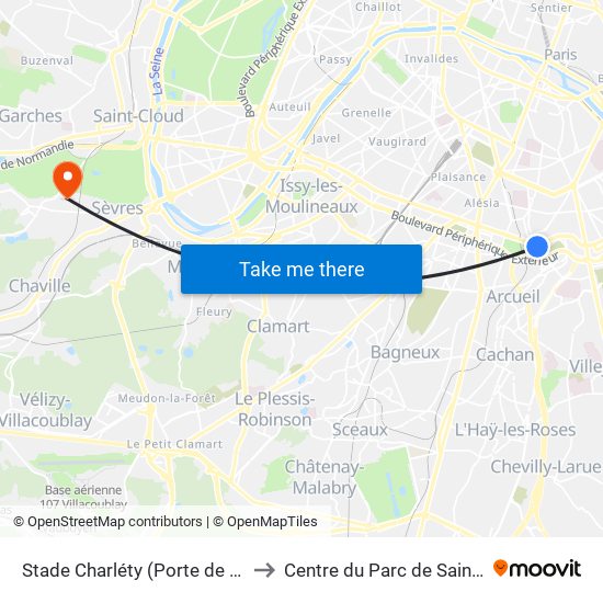 Stade Charléty (Porte de Gentilly) to Centre du Parc de Saint-Cloud map