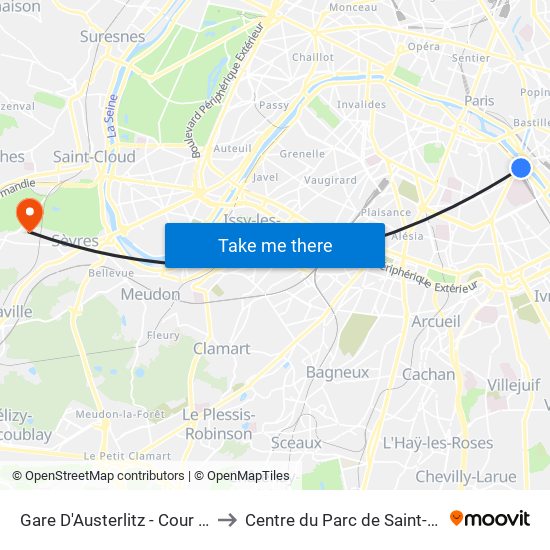 Gare D'Austerlitz - Cour Seine to Centre du Parc de Saint-Cloud map