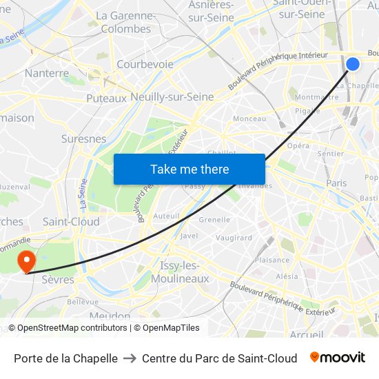 Porte de la Chapelle to Centre du Parc de Saint-Cloud map