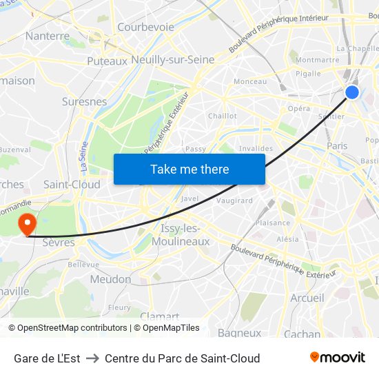 Gare de L'Est to Centre du Parc de Saint-Cloud map