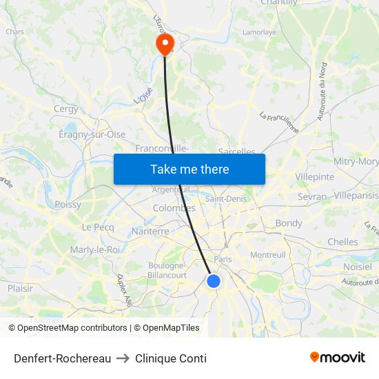 Denfert-Rochereau to Clinique Conti map