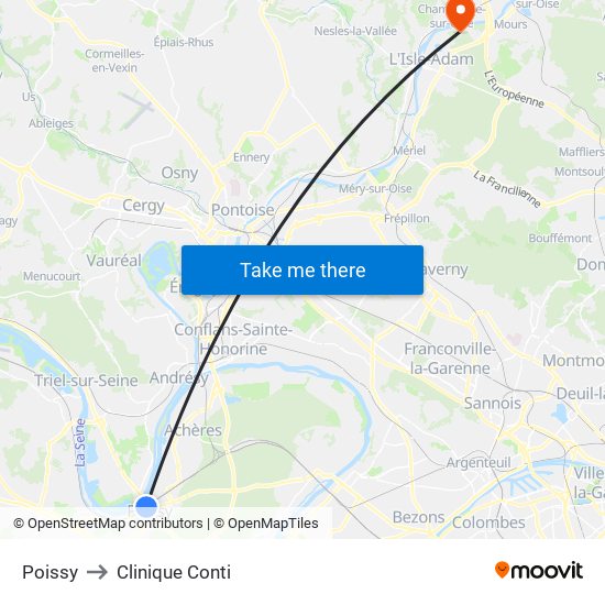 Poissy to Clinique Conti map