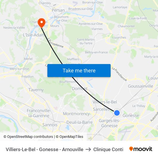 Villiers-Le-Bel - Gonesse - Arnouville to Clinique Conti map